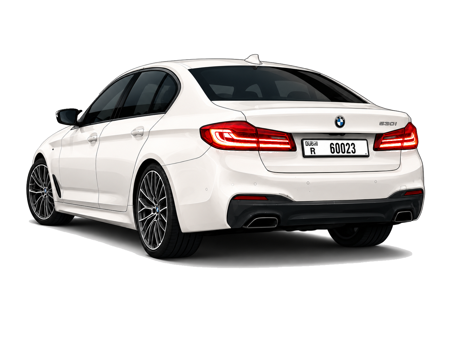 White BMW 530i M Sport with Dubai plate R 60023